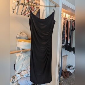 Slinky black ruched cocktail dress with cowl neck
